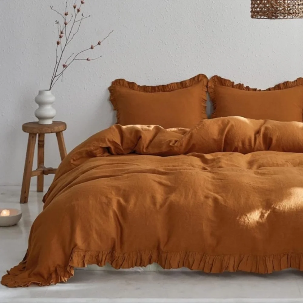 🆕 Luxury 100% Linen Ruffle Duvet Cover Set in QUEEN